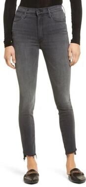 Mother The Stunner Zip Ankle Step Fray Jeans Size 28 Black Skinny Jeans 1451-180